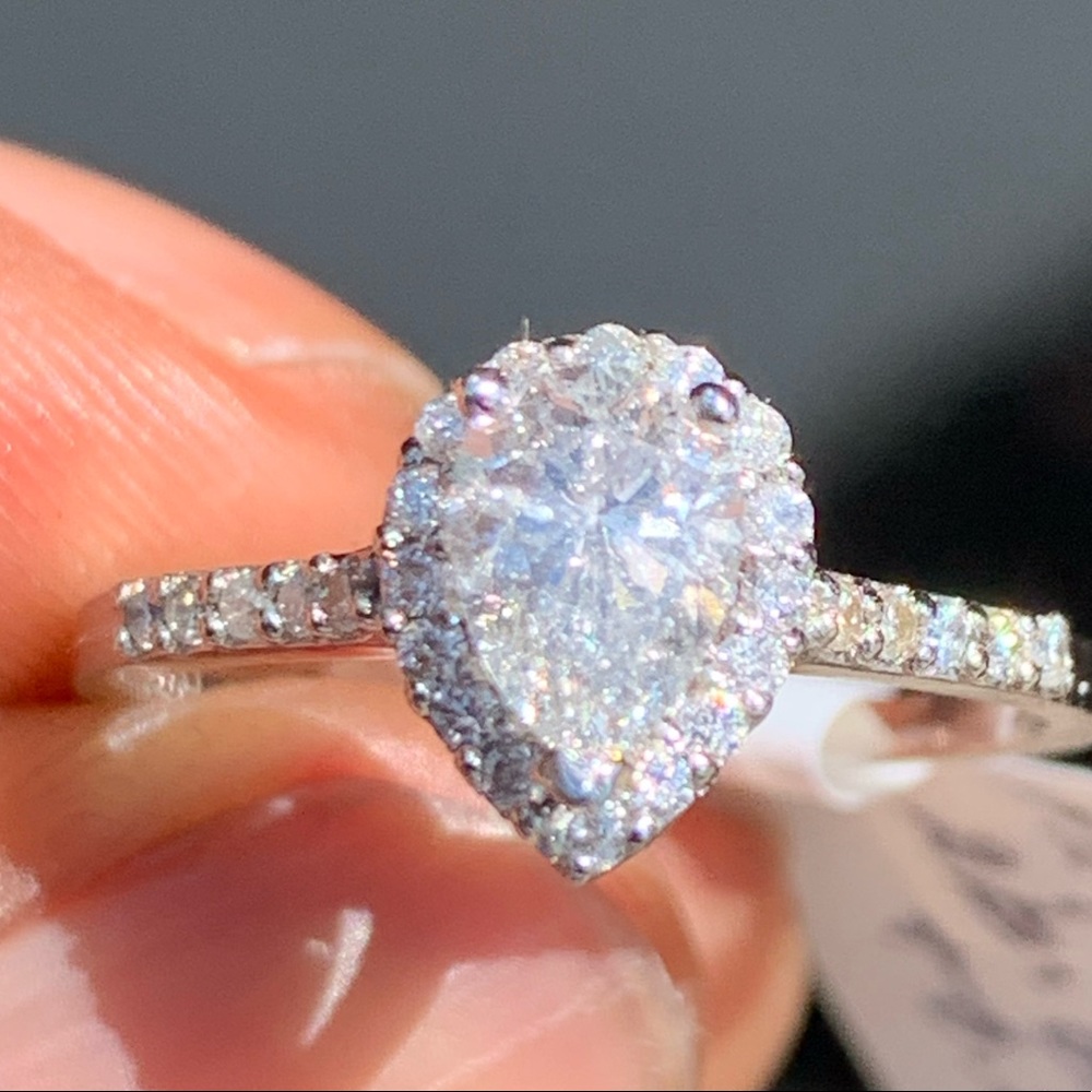 Platinum Pear Cut Halo Diamond Ring - Picture 3 of 15